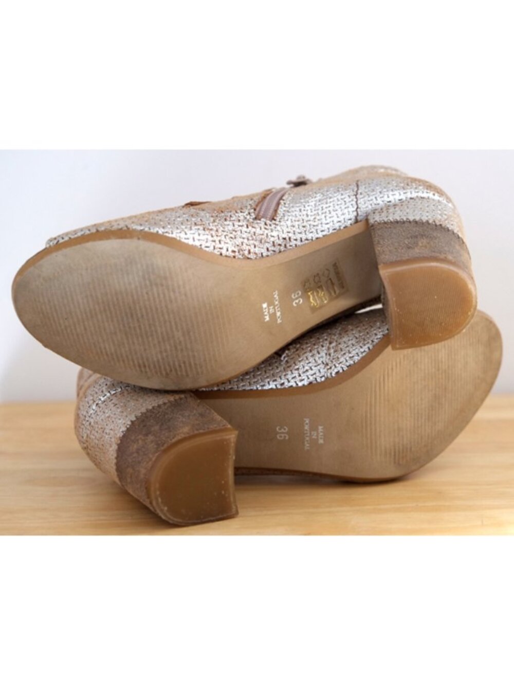 AS-NEW Unity.In.Diversity mottled silver/gold leather open gladiator booties - Picture 6 of 8